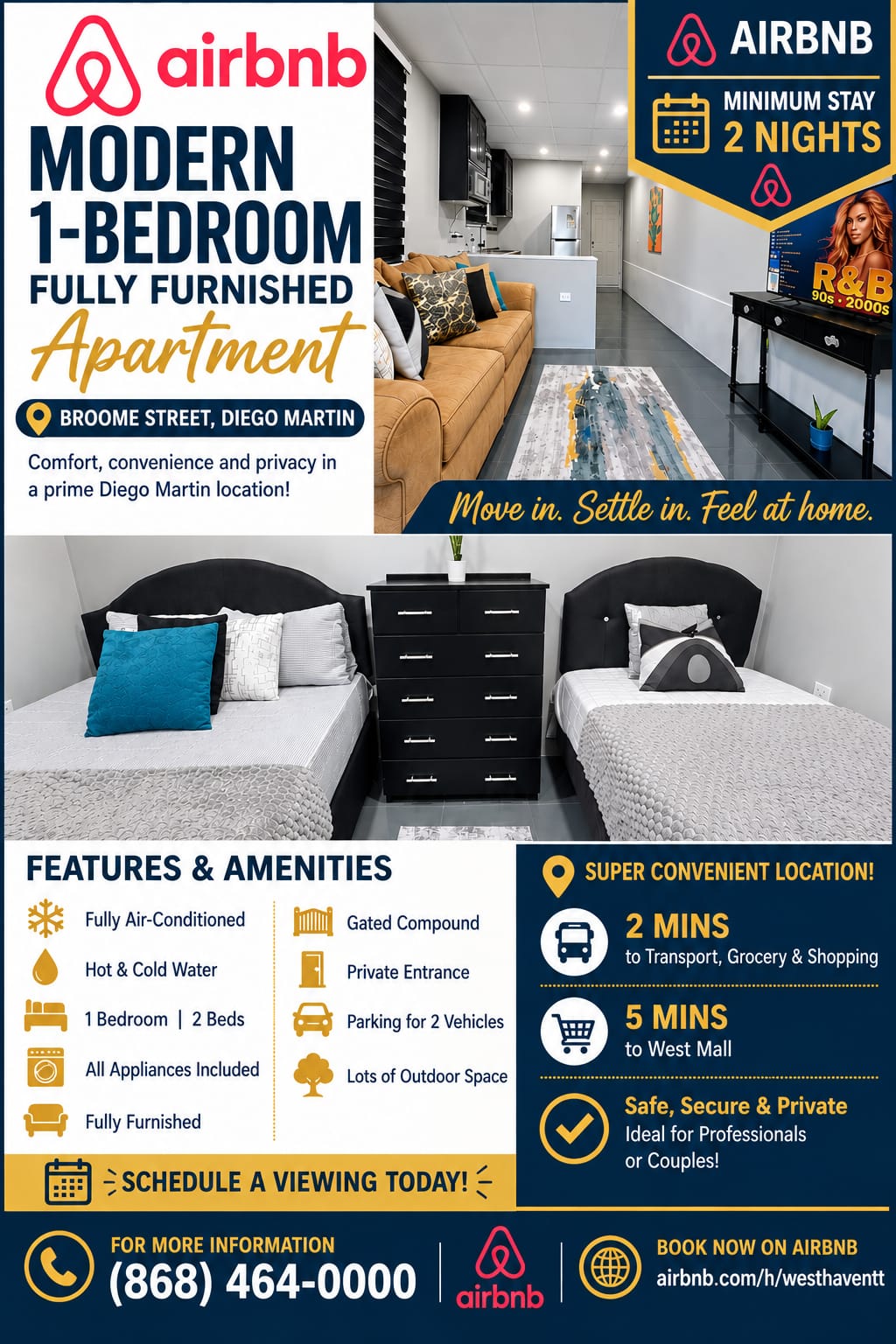 Modern furnished one-bedroom Airbnb in Diego Martin, Trinidad, minimum stay two nights. Call (868) 464-0000.